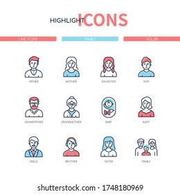 Family members - line design style icons set. People of different age, gender. Adults, children, teenagers. Father, mother, daughter, son, grandfather, grandmother, baby, aunt, uncle, brother, sister