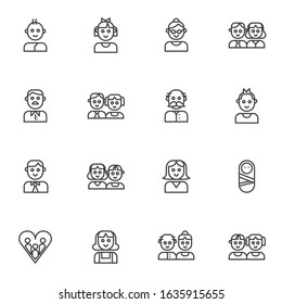 Family members line icons set. linear style symbols collection, outline signs pack. vector graphics. Set includes icons as parents, dad mom baby son, daughter, grandmother and grandpa together, girl