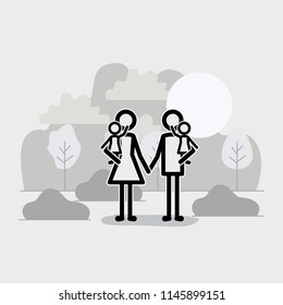 family members linear figures in the landscape