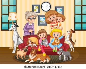 Family members in the living room scene illustration