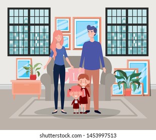 family members in livingroom house scene