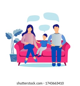 family members - mother, father, and a preschooler son sit on the couch and talk. Vector illustration