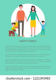 Family members mother, father, son, daughter and dog pet isolated. Happy couple and children, close relatives walk together, cartoon style vector poster