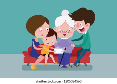 Family members and old women grandma play happily online together. Vector cartoon concept.