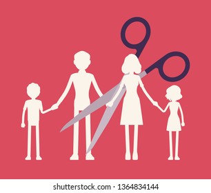 Family members paper garland chain cut. Scissors divide, separate parents and children unit, dissolution of a marriage, parental access rights after divorce or break up, split. Vector illustration