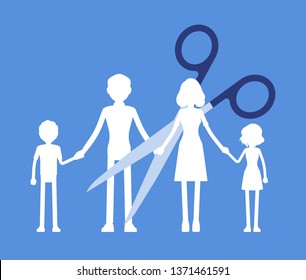 Family members paper garland chain cut. Scissors divide, separate parents and children unit, dissolution of a marriage, parental access rights after divorce or break up, split. Vector illustration