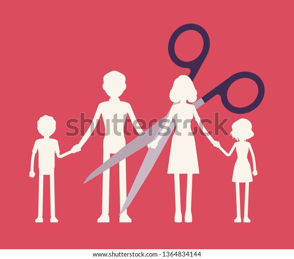Family members paper garland chain cut.
Scissors divide, separate parents and children unit, dissolution of
a marriage, parental access rights after divorce or break up,
split. Vector
illustration