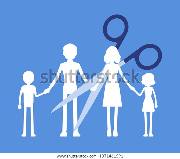 Family members paper garland chain cut.\
Scissors divide, separate parents and children unit, dissolution of\
a marriage, parental access rights after divorce or break up,\
split. Vector\
illustration