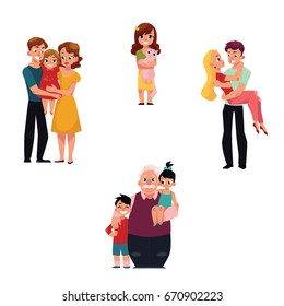 Family members - parents hugging daughter, grandfather with grandchildren, little girl holding cat pet, loving couple, cartoon vector illustration on white background. Family members hugging