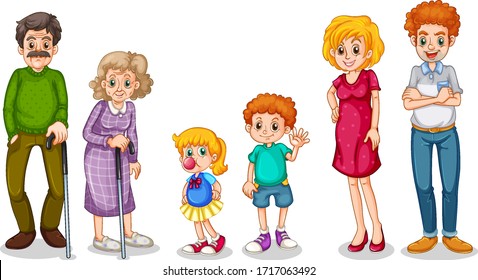 Family members with parents and kids on white background illustration