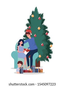 family members with pine tree christmas celebration vector illustration design