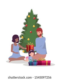 family members with pine tree christmas celebration vector illustration design