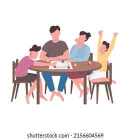 Family members play board game semi flat color vector characters. Sitting figures. Full body people on white. Simple cartoon style illustration for web graphic design and animation