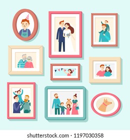 Family members portraits. Wedding photo in frame, couple portrait. Smiling husband, wife and kids, dog photos in frames happy family generations character flat vector illustration