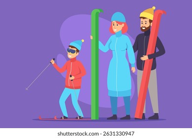 Family members preparing for skiing at winter resort. Child in ski gear practicing skiing while adults holding colorful skis and wearing winter attire, ready to hit slopes