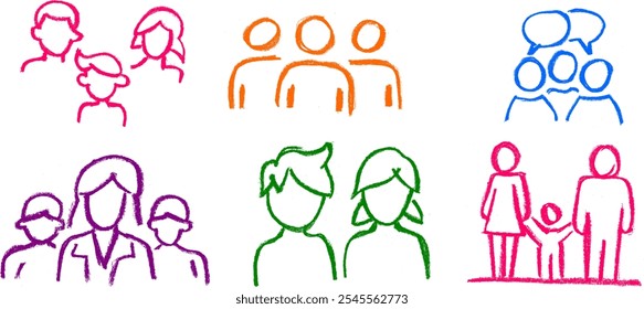 Membros da família ícones relacionados giz de giz de cera desenho vetor conjunto