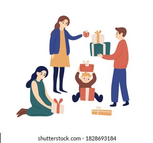 Family members or relatives exchanging festive gift boxes vector flat illustration. Smiling man, woman and child giving presents to each other isolated. Celebrating Christmas or holiday together