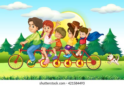 Family members riding bike in the park illustration