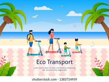 Family Members Riding Scooters on Beach Banner Vector Illustration. Happy Cartoon Man and Woman with Children near Sea and Palm Trees. Father, Mother and Kids Having Rest and Relax. Eco Transport.