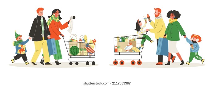 Familiares comprando juntos, dibujos animados de ilustraciones planas vectoriales aislados en fondo blanco. Padres y niños compran comestibles y comida en tiendas o supermercados.