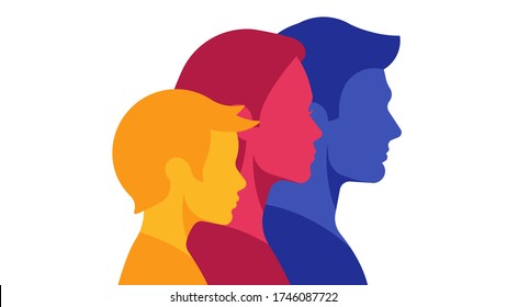 Family. Members of family. Silhouette of people. Mom, dad and little son are standing, side view. Parenting concept. Minimal style vector illustration. Colorful people.