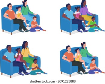 Family members sitting on couch semi flat color vector characters set. Full body people on white. Family bond isolated modern cartoon style illustrations collection for graphic design and animation