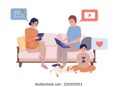 Family members sitting on couch with devices semi flat color vector characters. Editable figures. Full body people on white. Simple cartoon style illustration for web graphic design and animation