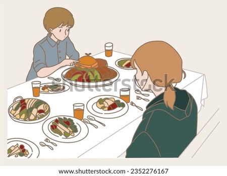 Family members sitting at table with many dishes, having meal together. Boy pointing, poking at food. Hand drawn flat cartoon character vector illustration.