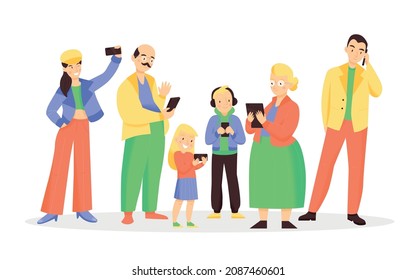 Family members with smartphones and pad calling by telephone and making selfie flat color composition vector illustration
