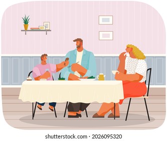Family members smiling mother, father and son sitting together at table and eating dinner in cafe interior. People have supper in restaurant. Parents spend time with children at home in dining room
