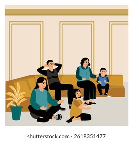 Family members spend the weekend at home. Gathering and watching television together. Flat vector illustration.