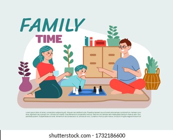 Family members spending quarantine time together at home. Father, mother and son sitting and playing chess in living room. Cartoon vector flat style illustration. 