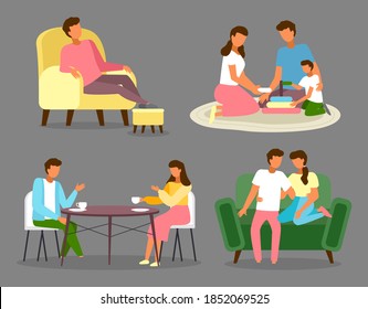 Family members spending time together at home. Mother, father and child playing with toy, resting, sitting on the couch and hugging, drink tea and coffee talking at the table. People engaged stay home