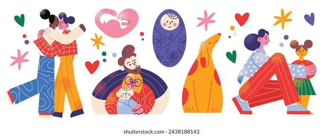 Family members spending time together at home set. Mother, father, newborn and children hug. Cute cartoon characters isolated on background. Flat vector illustration