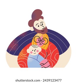 Family members spending time together at home set. Mother, father, newborn and children hug. Cute cartoon characters isolated on background. Flat vector illustration