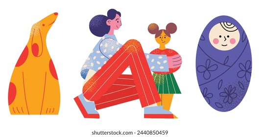 Family members spending time together at home set. Mother, father, newborn and children hug. Cute cartoon characters isolated on background. Flat vector illustration