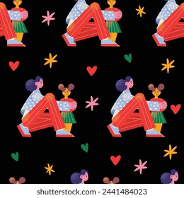 Family members spending time together at home seamless pattern. Mother, father, newborn and children hug. Cute cartoon characters isolated on background. Flat vector illustration