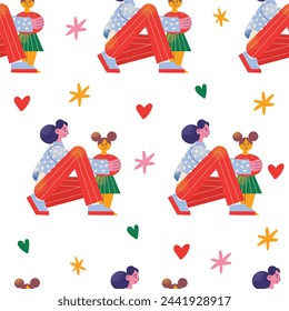 Family members spending time together at home seamless pattern. Mother, father, newborn and children hug. Cute cartoon characters isolated on background. Flat vector illustration
