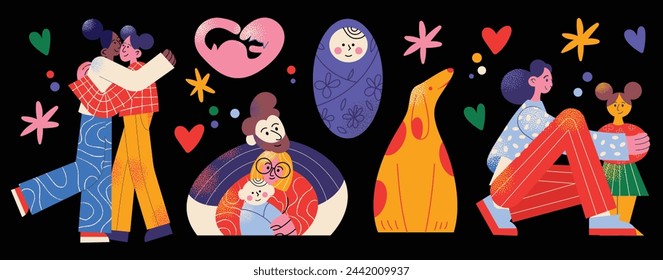 Family members spending time together at home set. Mother, father, newborn and children hug. Cute cartoon characters isolated on background. Flat vector illustration