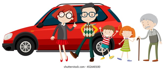 Family members standing in front of car illustration