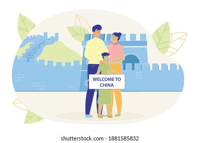 Family Members Standing Near China Great Wall Famous Sightseeing Flat Cartoon Vector Illustrtation. Welcome To China Poster. Welcoming Tourists From Different Countries. Mother, Father And Girl.