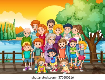 Family members standing on the bridge at sunset illustration