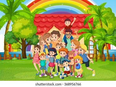 Family members standing in the park illustration