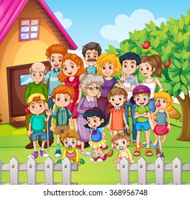 Family Members Standing In The Yard Illustration