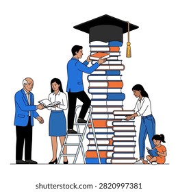 A Family members and students collaborate to stack books beneath a graduation cap, symbolizing shared learning, academic achievement, mentorship and lifelong education. Flat vector modern illustration