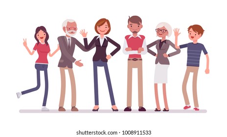 Family members together. Grandparents, parents and their children, happy friendly group of adults and kids in traditional union. Vector flat style cartoon illustration isolated on white background