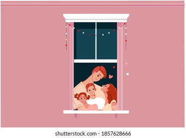 Family members together at home. Stay at home or lockdown concept. Mother, father and children. Cute cartoon characters in window frame. Brother and sister. Flat vector illustration.