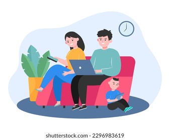 Family members using different devices vector illustration. Wife and husband on couch with smartphone and laptop, son playing on tablet. Family, phone addiction, social media concept