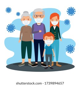 family members using face mask with particles 2019 ncov vector illustration design