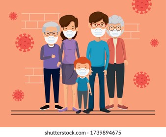 family members using face mask with particles 2019 ncov vector illustration design